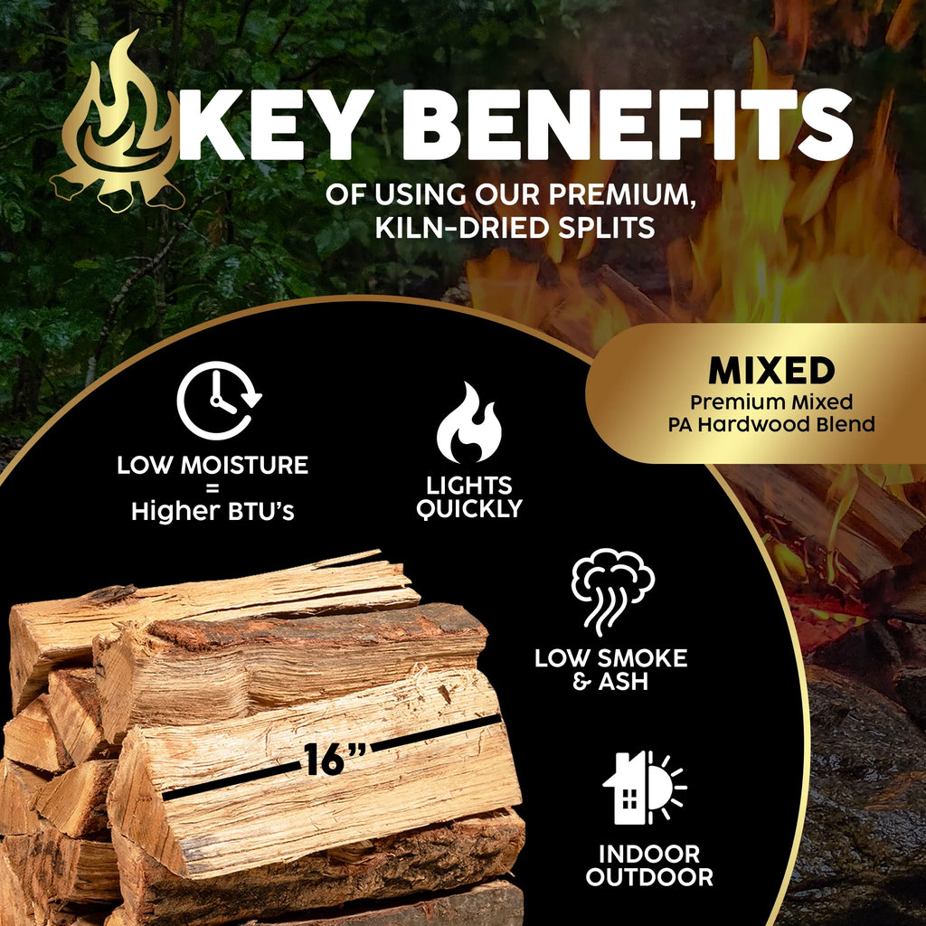 Kiln-Dried PA Mixed Blend – 16” Splits (14–18 Pieces) – Smoking Wood for Cooking, Fire Pits & Home Heating – Easy Light, Low Smoke, USA Sourced